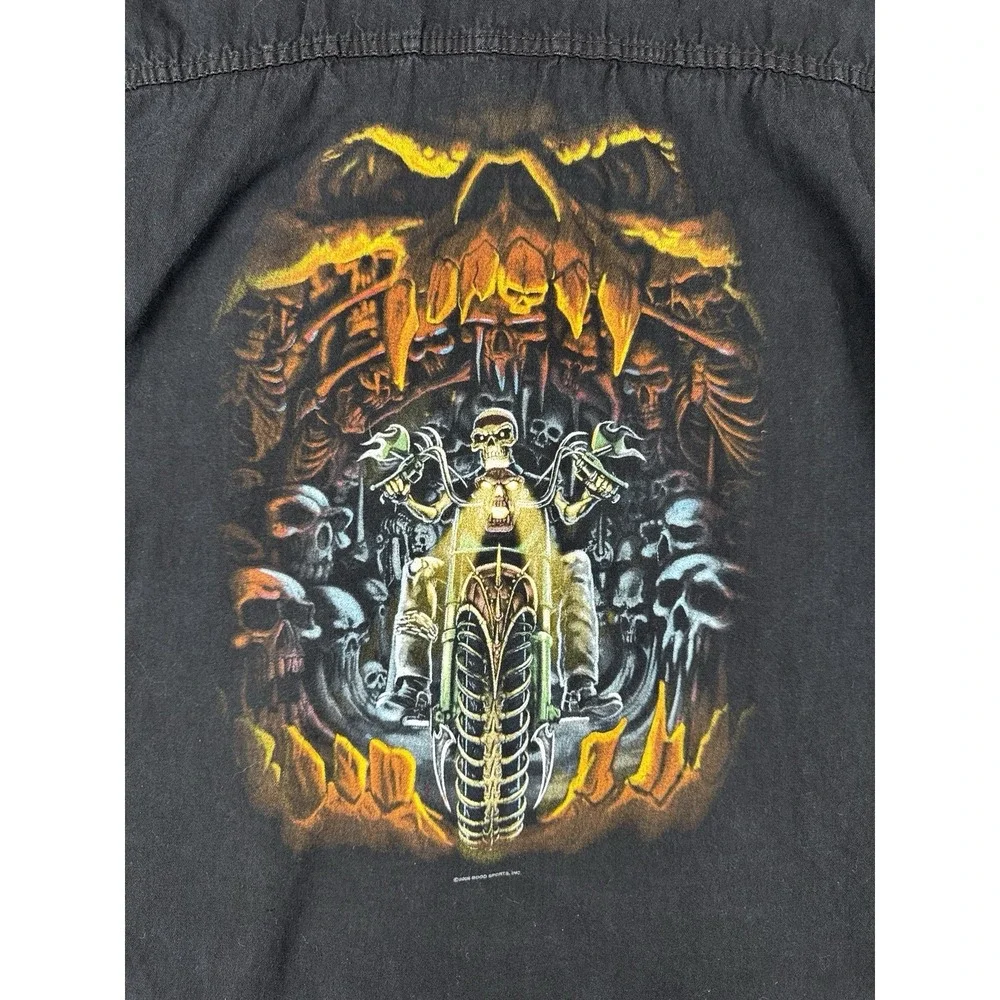 Y2K Bikers Edge Sleeveless Button Up Shirt Skulls Skeleton Motorcycle Flames L